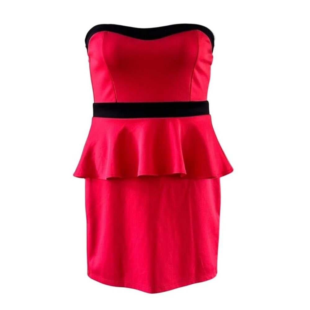 Chesley Strapless Red Peplum Dress With Black Trim & Zipper Closure